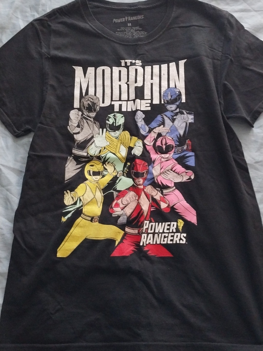 Power Ranger Black Tee with Red, Yellow, Pink, Blue, Green Rangers Graphic